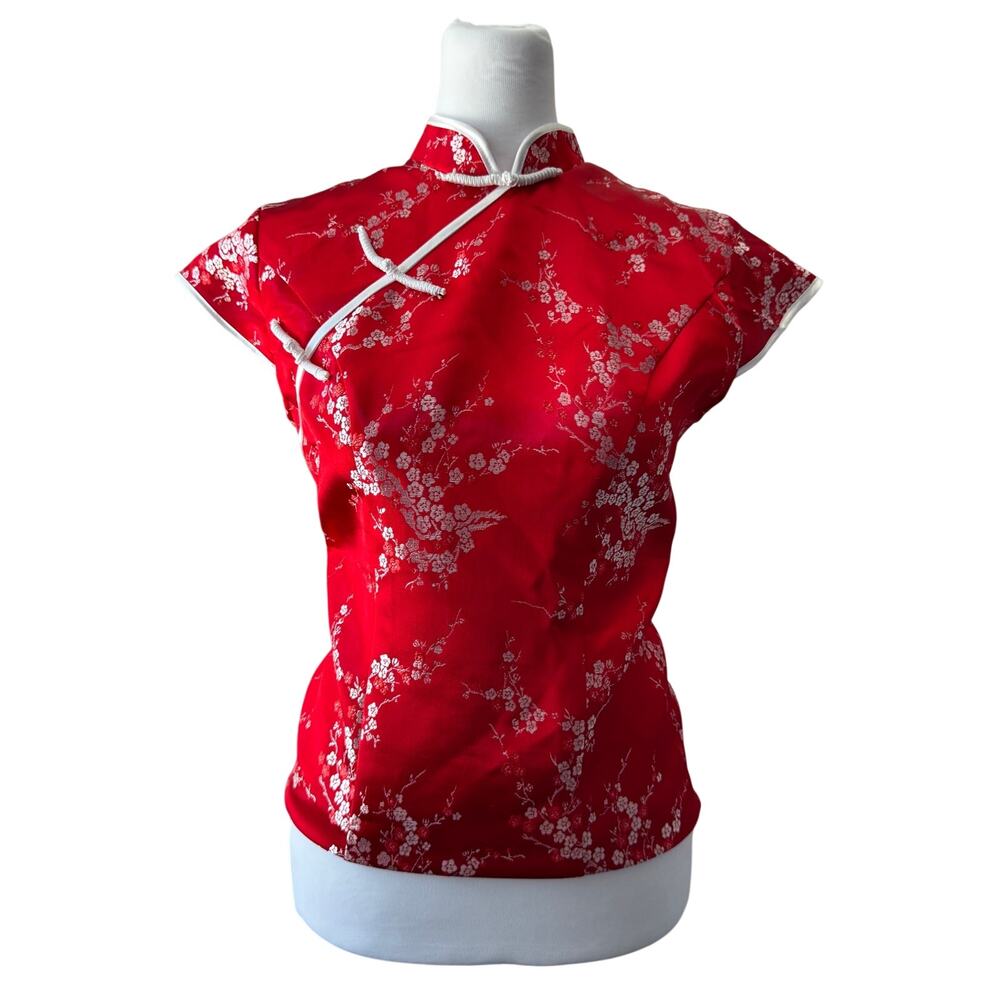 Red & White Floral Print Qipao Style Mandarin Collar Short Sleeve Blouse